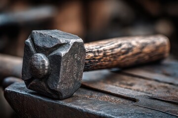 Close-up of a blacksmiths hammer on an anvil in a workshop.