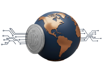 Bitcoin cryptocurrency coin with circuit board and globe isolated on transparent background PNG digital currency concept