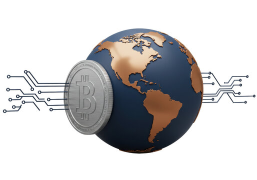 Bitcoin cryptocurrency coin with circuit board and globe isolated on transparent background PNG digital currency concept