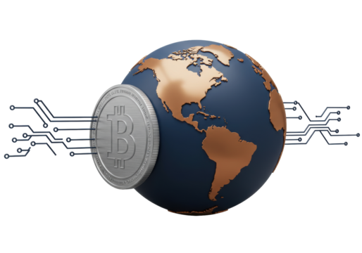 Bitcoin cryptocurrency coin with circuit board and globe isolated on transparent background PNG digital currency concept