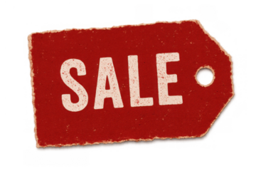 Sale red vintage torn paper tag with grunge texture and old style lettering, offering promotions, isolated on transparent background