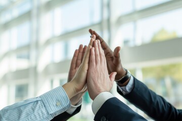Group of diverse people giving a high five in an office setting with bright natural lighting