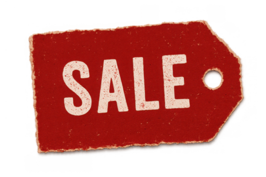 Sale red vintage torn paper tag with grunge texture and old style lettering, offering promotions, isolated on transparent background