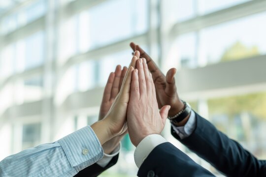 Group of diverse people giving a high five in an office setting with bright natural lighting