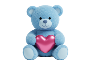 Adorable blue teddy bear holding a pink heart PNG illustration isolated on transparent background Perfect for Valentine s Day and love themes