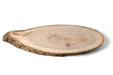 cutting board made of wood cut with bark isolated on white background.