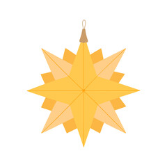 Christmas tree bauble in form of bright star festive decor simple doodle cartoon hand drawn vector illustration for winter holidays seasonal greeting card, invitations, banner, decor, sticker, clipart