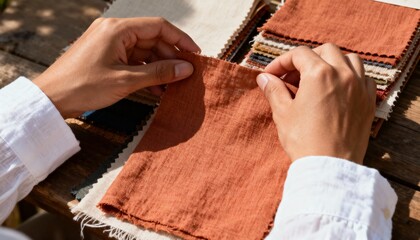 Designer's hands choosing a natural rust-colored fabric from a swatch book. Close-up of a person feeling the texture of a textile sample for fashion or interior design