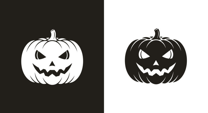 Spooky Halloween Jack O Lantern Vector Icon in Black and White Graphic Silhouette Style