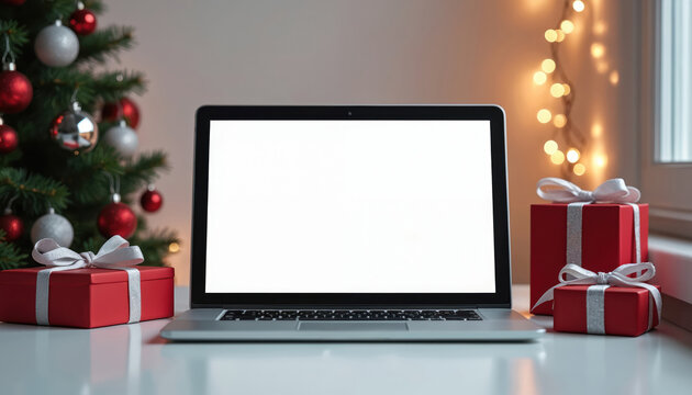 Silver laptop screen sits on desk beside decorated Christmas tree. Red gift boxes with white bows surround computer. Festive holiday season decor lights up room background. - Powered by Adobe