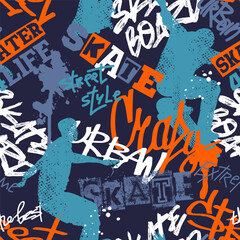 Urban style modern patern design with skateboardist. Sport extreme grunge print for guys on black background. Graffiti words and street art