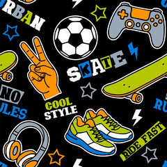 Seamless street art pattern with sneakers, skateboard, graffiti text, soccer ball, game controller, and headphones.