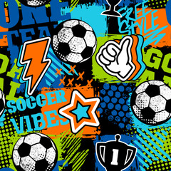 Abstract seamless chaotic pattern with soccer ball and urban geometric elements. Grunge neon texture background for guys. Football sport © artlavi_design