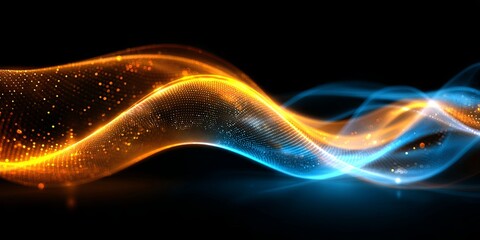 Abstract flow of vibrant light particles in orange and blue hues creating dynamic wave patterns against a dark background for digital art or technology themes