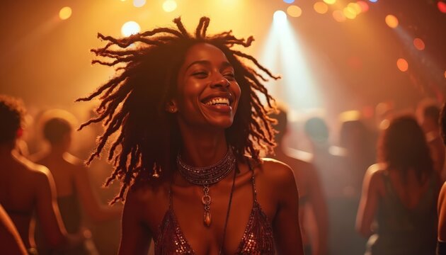 Black woman with dreadlocks dances happily at a crowded nightclub. Colorful lights flash and music plays during a lively party celebration. People enjoy music and dancing at a festive event.