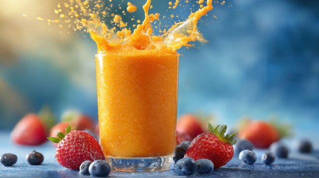 A vibrant orange smoothie splashes in a clear glass, surrounded by fresh strawberries and blueberries. The scene captures a refreshing summer drink on a bright blue background. - Powered by Adobe