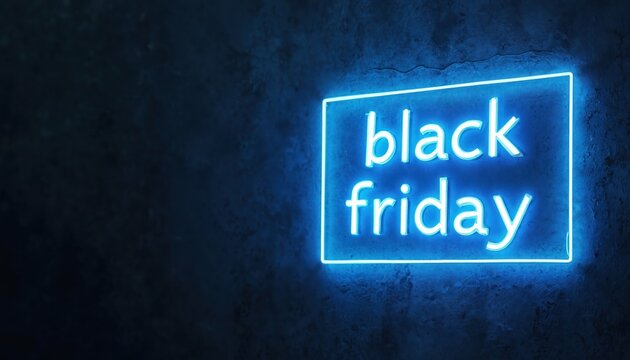 Blue neon sign glows with black friday text on a rough dark textured wall. Bright electric lettering advertises a major shopping event. Use for retail or holiday promotions.