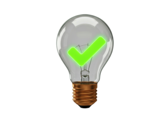 Light bulb with green check mark PNG illustration isolated on transparent background idea concept solution
