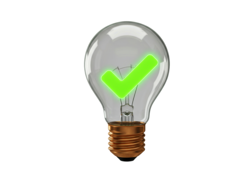 Light bulb with green check mark PNG illustration isolated on transparent background idea concept solution