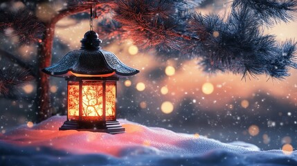 Enchanting Japanese lantern glows warmly amidst gentle snowfall, creating a serene winter wonderland atmosphere perfect for holiday promotions and peaceful escapism.