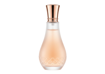 Elegant perfume bottle PNG isolated on transparent background Feminine fragrance in a glass flacon with a golden cap Beauty product for women
