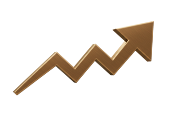 Golden arrow pointing up PNG isolated on transparent background for business growth and success concept