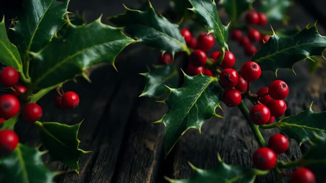 Winter holly berries and leaves on weathered wood background
