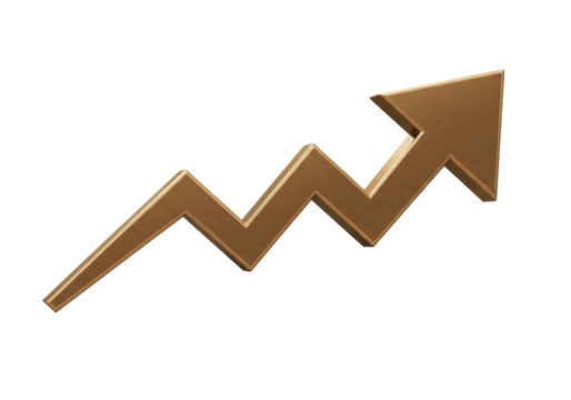 Golden arrow pointing up PNG isolated on transparent background for business growth and success concept