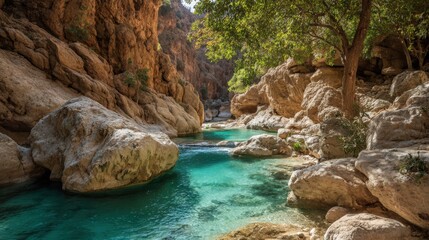Crystal clear waters meander through a rocky canyon surrounded by lush greenery and vibrant nature.