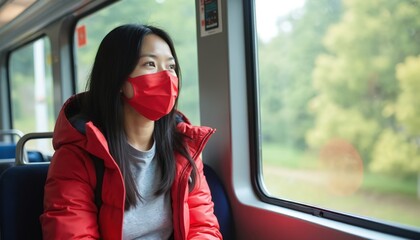 Young Asian woman commuter wears red face mask on public bus. Rides transport during corona, looks out window, thoughtful. Safe city travel, urban lifestyle, pandemic prevention, daily commute