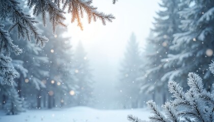 Snowy fir trees create a winter forest scene with soft light and falling snowflakes. The frosted branches frame a path leading into a serene, cold landscape, perfect for holiday themes.