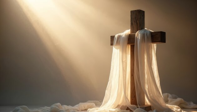 Wooden cross draped with white veil and illuminated by sunbeams. Religious symbol of Easter and Christian faith. Represents hope resurrection and spiritual rebirth. Peaceful and solemn mood.