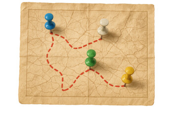 Old treasure map with pins marking a travel route, planning a journey, adventure, or discovery with transparent background