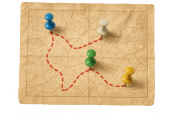 Old treasure map with pins marking a travel route, planning a journey, adventure, or discovery with transparent background