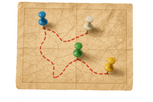 Old treasure map with pins marking a travel route, planning a journey, adventure, or discovery with transparent background