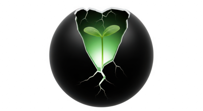 New life blooming: vibrant green seedling breaking free from a cracked, spherical shell, representing growth, breakthrough, and potential isolated on transparent background - Powered by Adobe