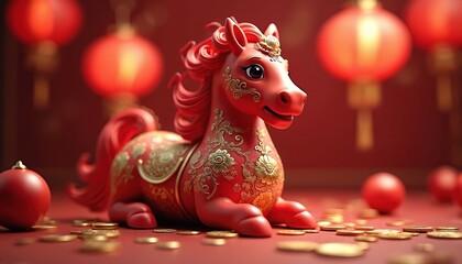 Red horse figurine with gold patterns rests near coins and lanterns. Chinese New Year symbol of good fortune and prosperity. Festive decor for Asian celebrations and cultural events.