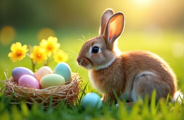 Fototapeta premium Cute brown rabbit sits near nest with pastel eggs and yellow flowers in green grass during sunrise. Small bunny looks forward with soft ears, ready for Easter celebration. Sunny morning light.