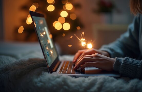 Woman types on laptop keyboard. Social media app icons glow on screen. Sparklers burn brightly next to computer. Cozy home setting with blurred warm lights. Connects online, celebrating festive