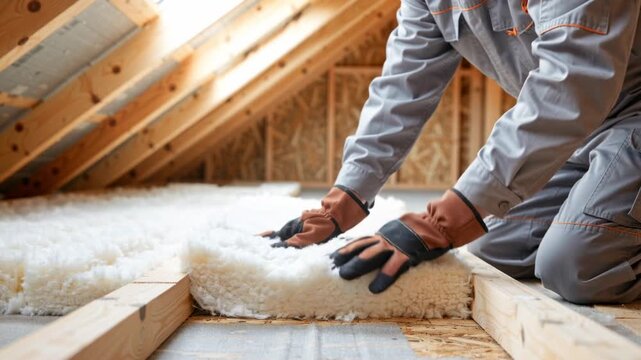 close-up of professional in gloves and uniform placing soft thermal insulation material between attic floor joists during home renovation