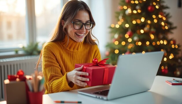 Happy woman in warm sweater holds red gift box near laptop and Christmas tree. Excited girl receives present virtually during holiday season at home office desk. - Powered by Adobe