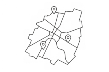Outline map showing street layout with specific location pins, finding routes, navigation, and travel destination concepts