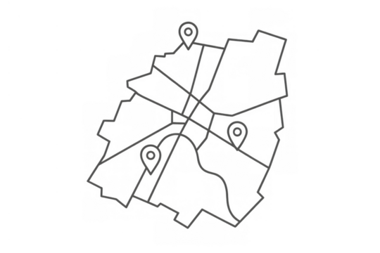 Outline map showing street layout with specific location pins, finding routes, navigation, and travel destination concepts - Powered by Adobe