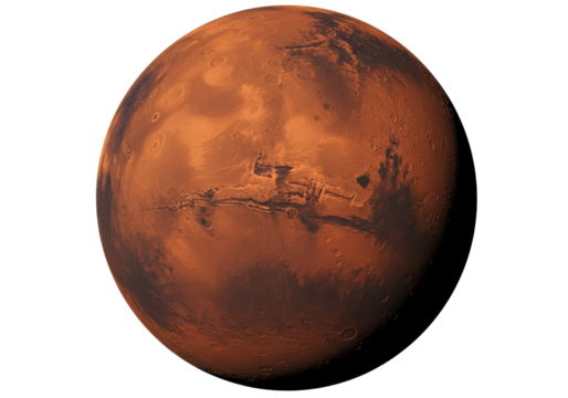 Mars planet isolated on transparent background PNG illustration red planet surface with craters and valleys space exploration astronomy science