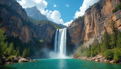 Majestic waterfall cascades down sheer cliffs into vibrant turquoise lake. Rich green trees, rocky formations surround powerful water flow. Mountain peaks rise under bright blue sky with fluffy white