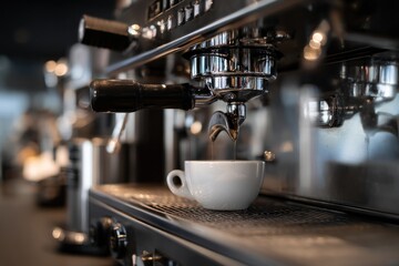 Close-up of Espresso Machine Pouring Coffee into Cup.