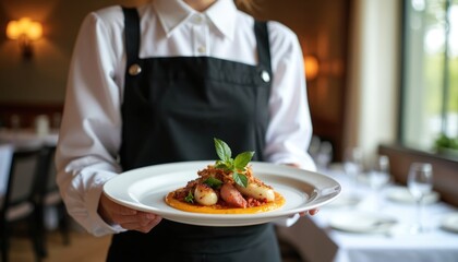 Server presents artistic food dish in elegant hotel dining room. Pro waiter offers meal to restaurant guest. Upscale eatery service staff with cuisine.