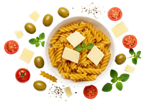 Delicious fusilli pasta with cheese and vegetables isolated on transparent background PNG format Italian cuisine concept