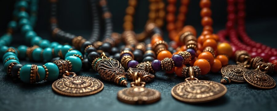 Multi-color beaded necklaces with ornate metal pendants lie on dark surface. These traditional ethnic spiritual adornments represent cultural heritage. They are worn for faith ceremonies and rituals.