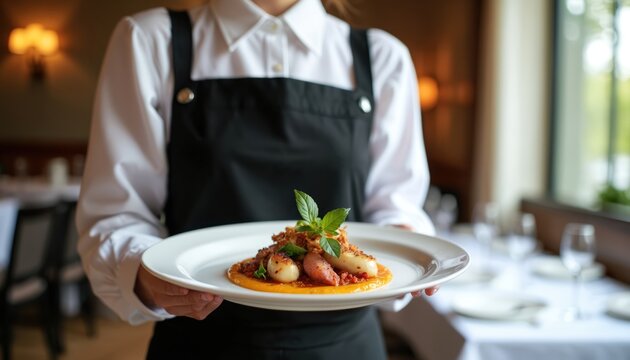 Server presents artistic food dish in elegant hotel dining room. Pro waiter offers meal to restaurant guest. Upscale eatery service staff with cuisine.
